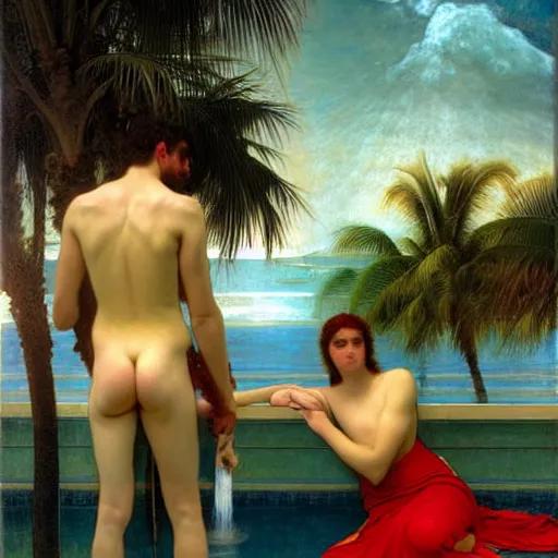 Image similar to blood dripping chalice at the palace, thunderstorm, greek pool, beach and palm trees on the background major arcana sky, by paul delaroche, alphonse mucha and arnold böcklin arnold böcklin hyperrealistic 8k, very detailed