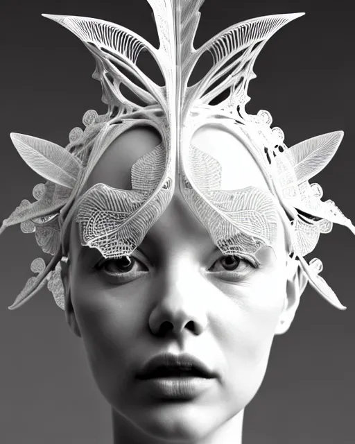 Image similar to bw 3 d render, stunning beautiful young angelic cute biomechanical albino female cyborg with a porcelain profile face, rim light, big leaves and stems, roots, fine foliage lace, alexander mcqueen, art nouveau fashion embroidered collar, steampunk, silver filigree details, hexagonal mesh wire, mandelbrot fractal, elegant, artstation trending