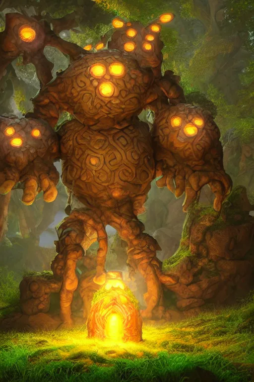 Image similar to arcane fantasy art giant golem elemental wood rock bastion forged gemstone enchanted forest troll, global illumination ray tracing hdr fanart arstation by sung choi and eric pfeiffer and gabriel garza and casper konefal lisa frank zbrush central hardmesh radiating a glowing aura