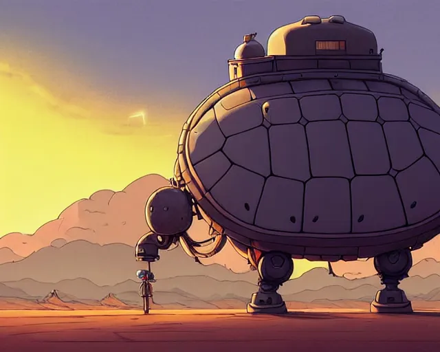 Prompt: a cell shaded cartoon giant grey lovecraftian mechanized turtle from howl's moving castle ( 2 0 0 4 ), with a big head, on a desert road, wide shot, sunset, golden hour, post grunge, concept art by josan gonzales, wlop, by james jean, victor ngai, hq, deviantart, art by artgem