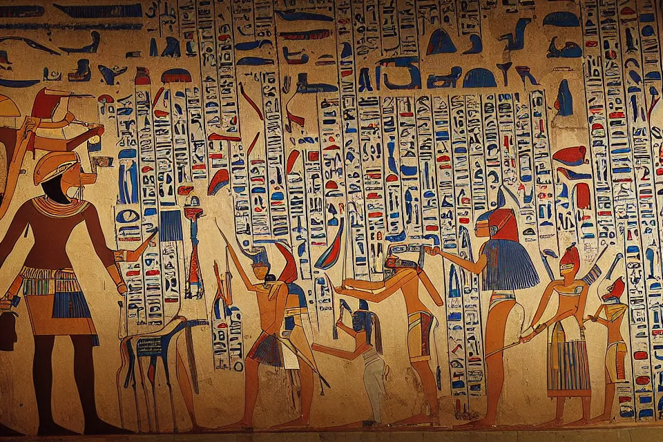 Prompt: an egyptian mural documents a technologically advanced city of the future. cave painting