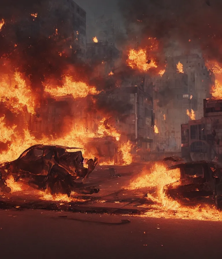 Image similar to a beautiful hyperrealistic detailed 3D render of burning cars in a city riot, by Anton Otto Fischer, Atey Ghailan, genzoman, unreal engine, octane render, gigantic, 3D, brilliantly coloured, intricate, ultra wide angle, trending on artstation, embers, smoke, dust, dusk, volumetric lighting, HDR, polished, micro details, ray tracing, 8k