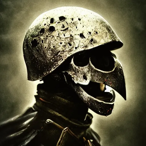 Image similar to crow skull knight helmet, headshot, closeup, grimdark, fantasy, trench crusade, terrifying, dark, fog, atmospheric cold lighting, dark souls, hyperrealistic, art by sparth