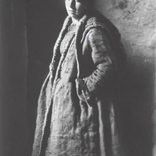 Prompt: Woman wearing burlap coat in Russia, 1839, photo, cinematic lighting, melancholy