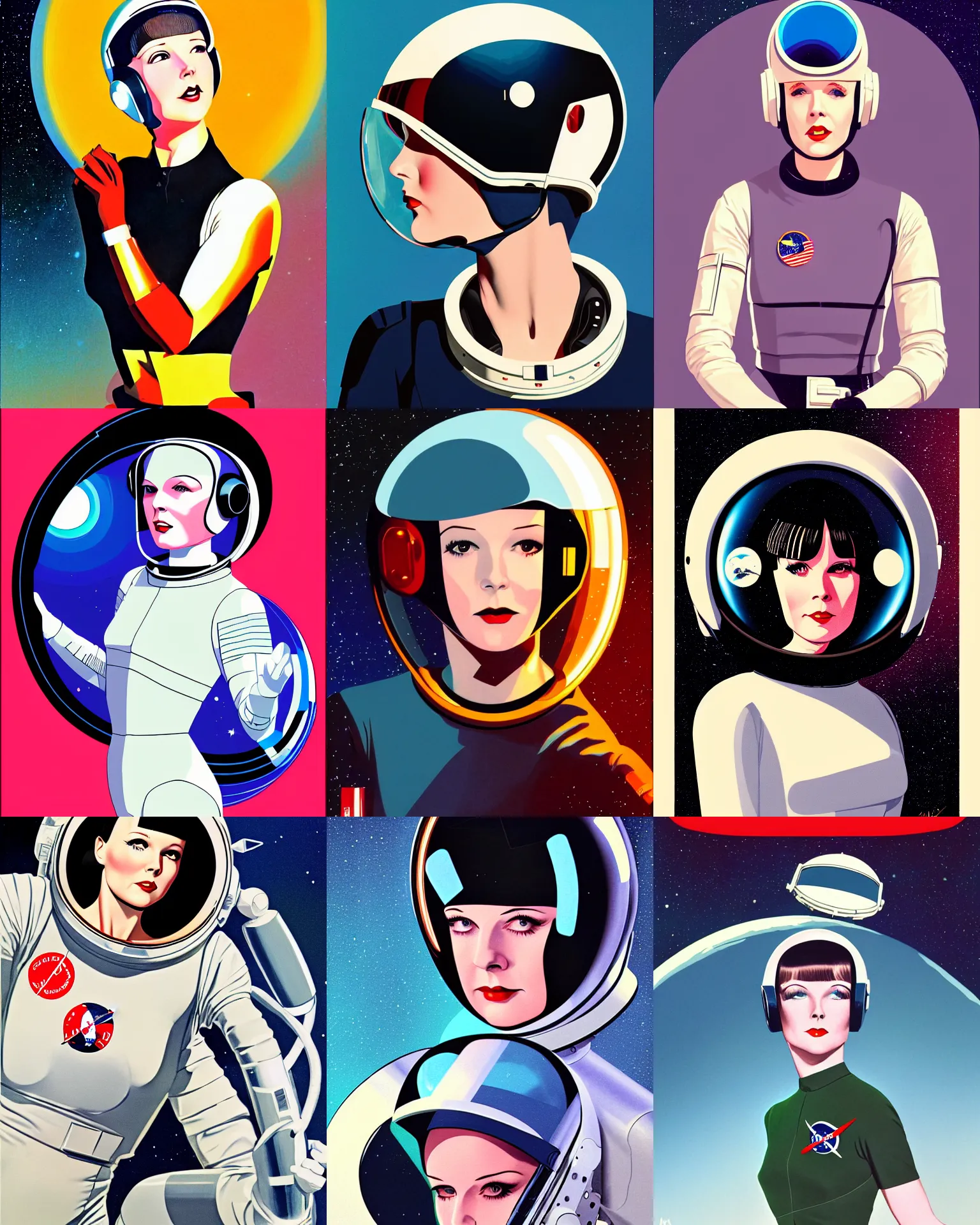 Prompt: mary louise brooks 2 6 years old astronaut, retro space helmet, buck rogers. forbidden planet 1 9 5 6, retro futurism 1 9 5 0 s, half portrait by stanley artgerm, dramatic lighting, ilya kuvshinov, trending on artstation, flat colour, geometric curves, gradient filter, pleasing tone colours, dan dare comic