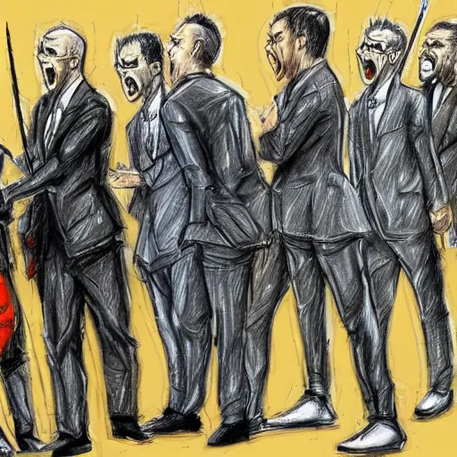 Image similar to highly detailed realistic sketch of UN members in suits yelling at a cyborg samurai, fear and anger in their eyes, colored , award winning , masterpiece on a scroll , post-processing