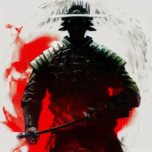 Image similar to artwork by Craig Mullins and Russ Mills and SPARTH showing a samurai in front of a red circle