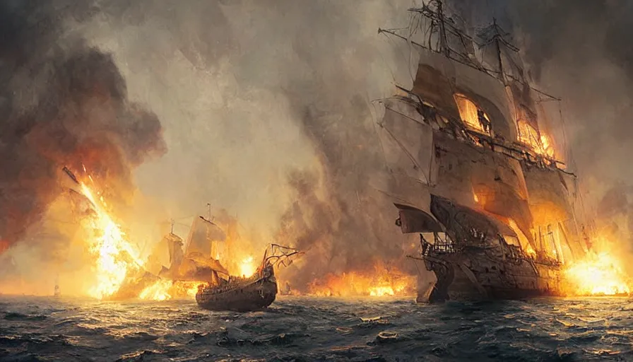 Image similar to navy sailing ship, old sailing warship attacked by fire breathing dragon as the sailing ship pulls into port by greg rutkowski