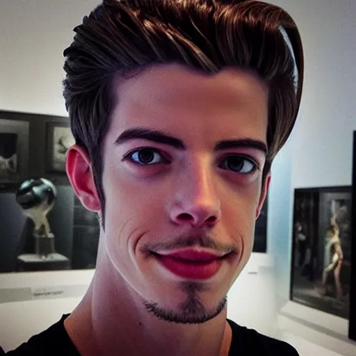 Image similar to “a realistic detailed photo of a guy who is an attractive humanoid who is half robot and half humanoid, who is a male android, actor Grant Gustin, shiny skin, posing like a statue, blank stare, at the museum, on display”