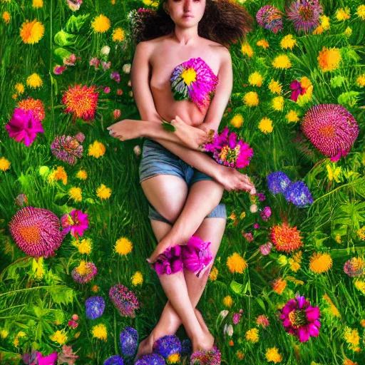 Prompt: realistic photo human body made of colorful wild flowers