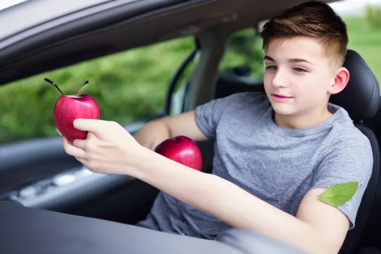 Image similar to gay teenager grabbing an black apple while hes inside the car