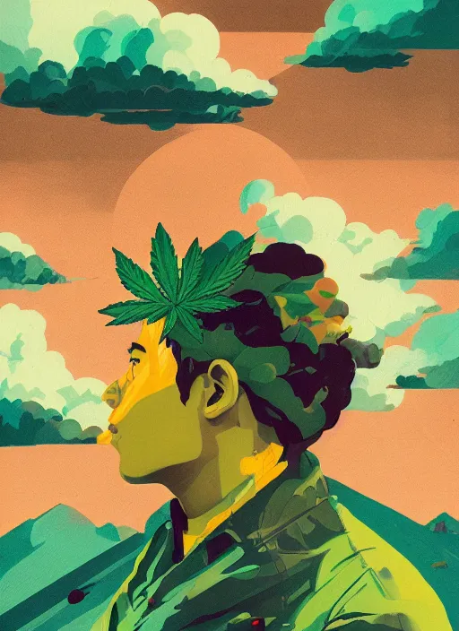 Image similar to profile picture by sachin teng x ofwgkta, mountain top, marijuana, organic painting, hard edges, masterpiece, smoke clouds, asymmetrical, green, matte paint, energetic