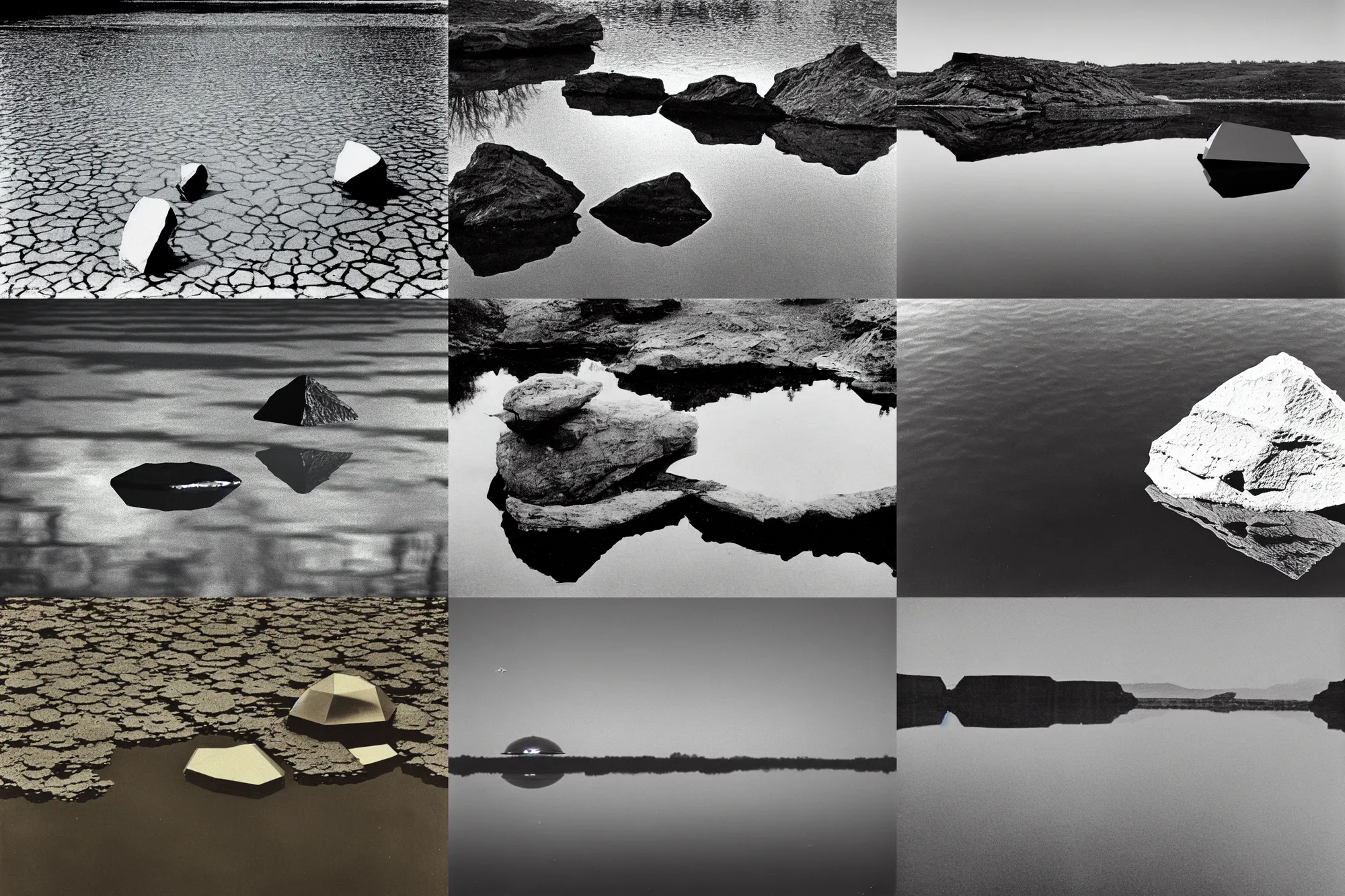 Prompt: rock reflecting in still pond as polygonal alien spacecraft hovers above, film grain, 3 5 mm lens, government archive, classified photograph