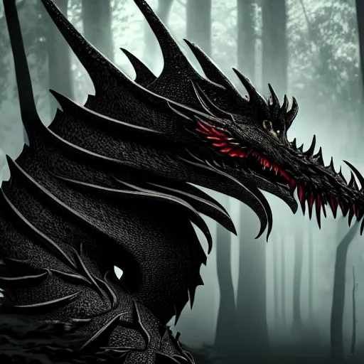 Image similar to portrait, black dragon, forest background, 4 k, cinematic composition, fantasy, extremely detailed, hyperrealism