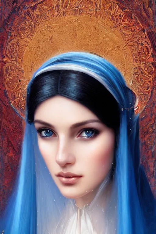 Prompt: arab ameera al taweel, bright blue eyes, long wavy black hair, white veil, front closeup, cinnamon skin color, elegant, highly detailed, centered, oil painting, artstation, concept art by tom bagshaw