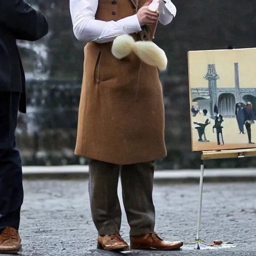 Prompt: clean shaven mcgregor is dressed as a gentleman at early 2 0 th century paris. he is watching an easel. that easel has a canvas on it. ewan mcgregor has a brush on his hand. he is painting a painting. there is a small brown cat with yellow eyes on ewan mcgregors feet. ewan mcgregor ´ s back