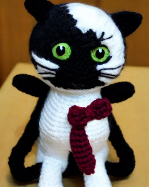 Prompt: cute crocheted black cat wearing a tuxedo, calico critter