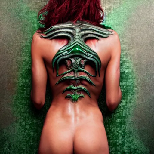 Image similar to xenomorph queen human hybrid, dragon eggs, dark emerald mist colors, giger color liminal backfill, realistic, award winning photograph