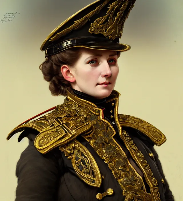 Prompt: portrait of a prussian woman wearing an organge traditional nineteenth century military jacket, metal shoulder pauldrons, intricate, highly detailed, digital painting, artstation, concept art, sharp focus, cinematic lighting, illustration, art by artgerm and greg rutkowski, alphonse mucha, cgsociety