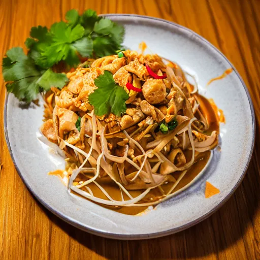 Prompt: 85mm photograph of the most delicious plate of Pad Thai by a Michelin star chef, delicate, on a wooden table in a high-end Asian restaurant setting, food photography