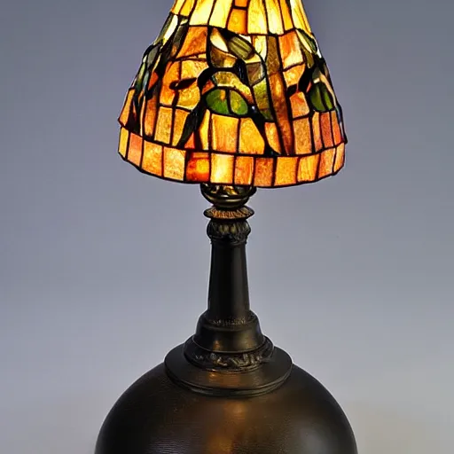 Image similar to a lamp in the shape of a cat with black accents designed by louis comfort tiffany