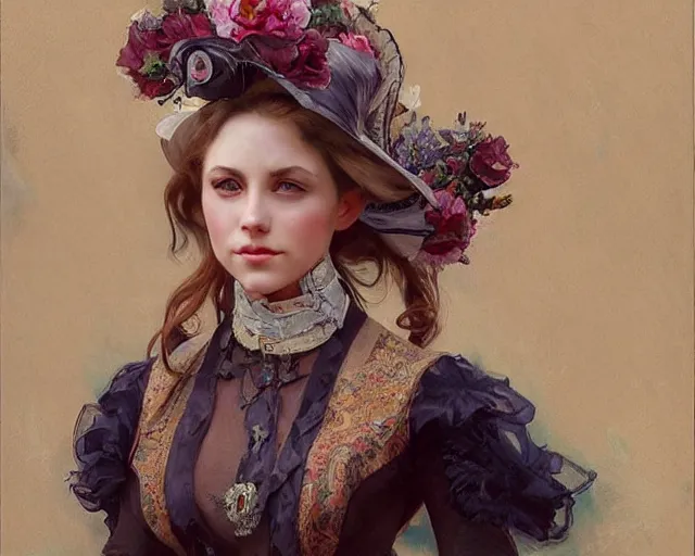 Image similar to a beautiful realistic portrait painting of liz katz in the victorian sydney australia at a horse racing derby, intricate, elegant, highly detailed, digital painting, artstation, concept art, by krenz cushart and artem demura and alphonse mucha