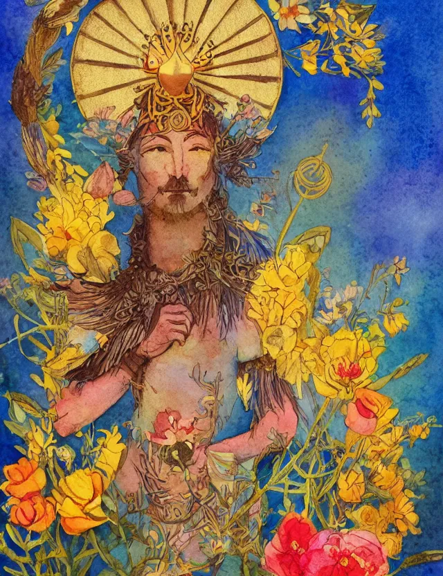 Prompt: animal god of light and flowers. this watercolor and goldleaf work by the beloved children's book illustrator has interesting color contrasts, plenty of details and impeccable lighting.