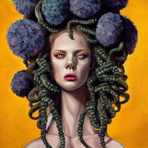 Prompt: Gorgon Medusa is an American cheerleader with pom poms standing in a dimly lit locker room, mid distance, detailed painting, Jana Brike art, beautiful composition, highly detailed illustration, masterpiece, dramatic lighting, sunlight shaft in haze 8k