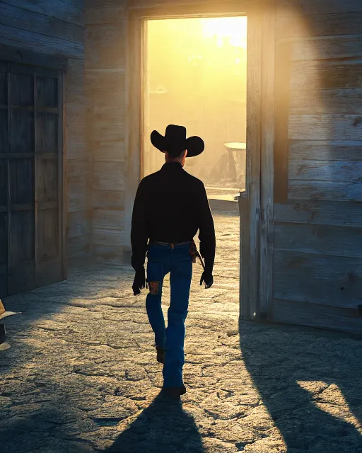 Image similar to an old cowboy walking through the door of a bustling, crowded. saloon, wild west, sunset lighting, dusty, sunbeams. digital illustration, colors, soft lighting, adventurous, atmospheric lighting, 8K, octane render. By Makoto Shinkai, Stanley Artgerm Lau, WLOP, Rossdraws, James Jean, Andrei Riabovitchev, Marc Simonetti, krenz cushart, Sakimichan, D&D trending on ArtStation, digital art.