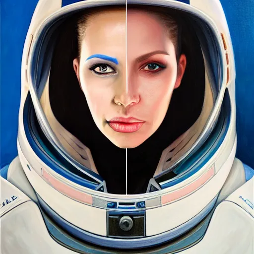 Image similar to portrait of woman with a large dueling scar from a knife across her cheek and lips wearing futurist spacesuit, Alexandria's genesis, chin-length hair, bored, illustration, soft lighting, soft details, hyper realism, high detailed, painting oil on canvas by mark arian by artgerm, trending on artstation, 4k, 8k, HD