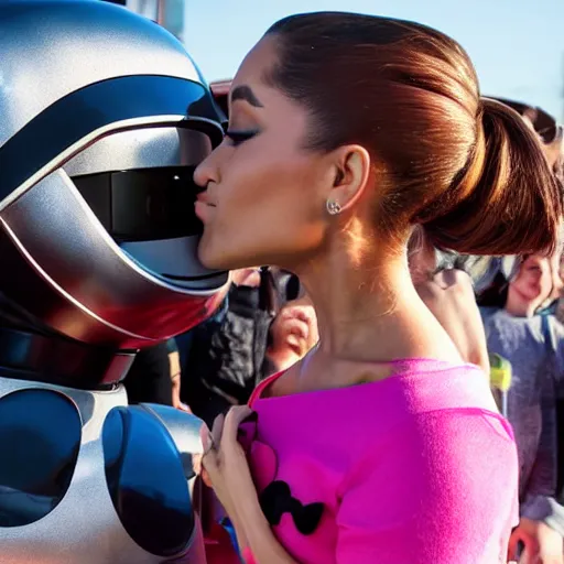 Image similar to ariana grande kissing an android robot mascot at the tech lab 4k photo