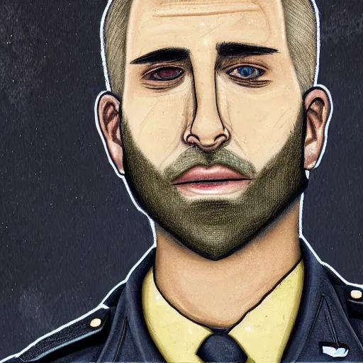 Image similar to portrait of a blonde police officer with short hair and a patchy beard, close up, grimy streets backdrop, detailed, art by loran desore