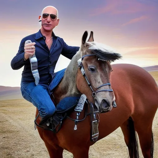 Image similar to Jeff Bezos riding a horse holding his acoustic guitar