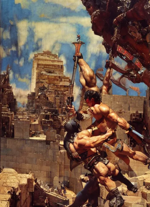 Image similar to huge warrior jocko willink vs godlike achilles at the walls of troy, dynamic action science fiction, by john berkey and lawrence alma tadema and rick berry and norman rockwel