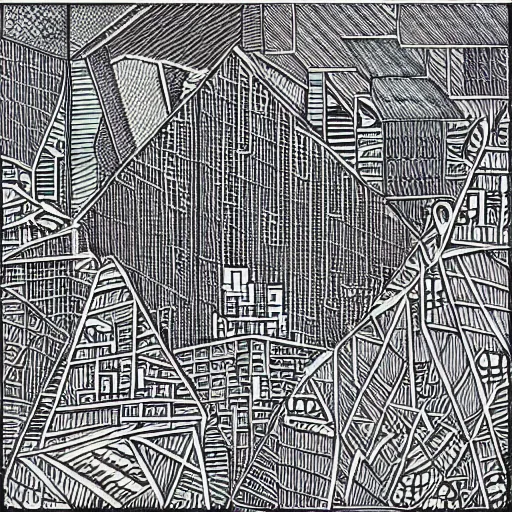 Prompt: “geometrically surreal city, extremely high detail, photorealistic, intricate line drawings, dotart, album art in the style of James Jean”
