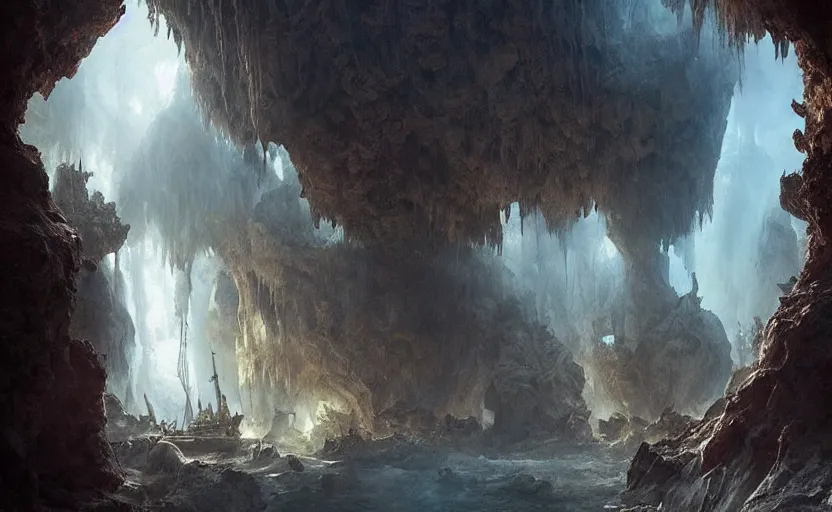 Prompt: A galleon lost in a cave, stalagmites and stalagtites, eerie atmosphre, matte painting by Darek Zabrocki