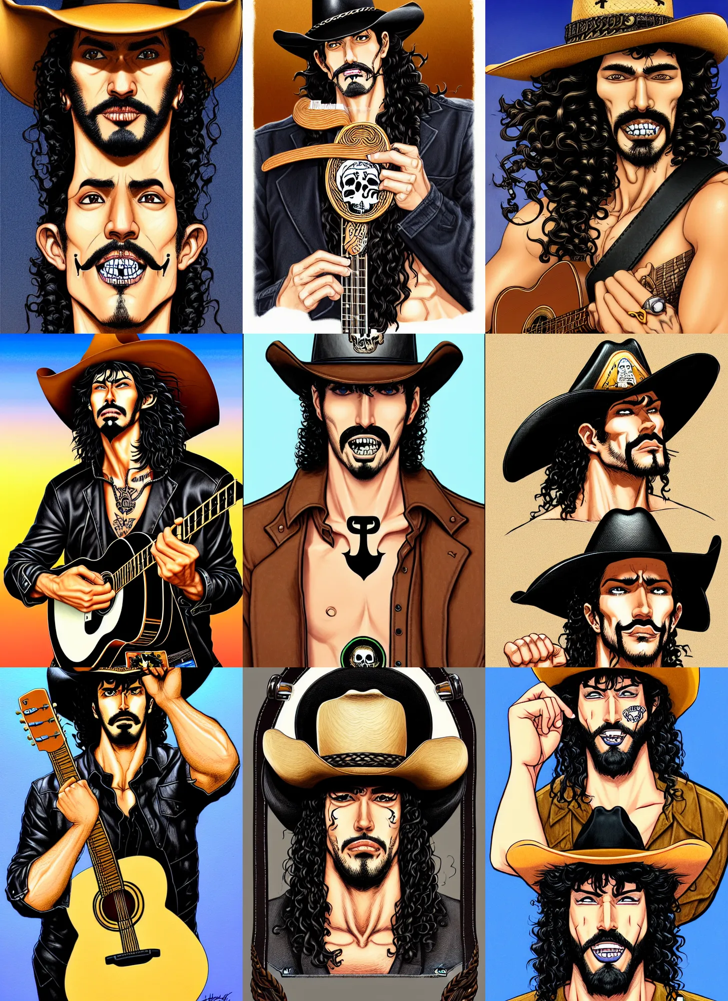 Prompt: illustration of a handsome!! man with long black curly hair + tan skin + anchor goatee, guitar in black leather case | wearing a cowboy hat with a skull emblem | art by hirohiko araki & jean giraud & artgerm & jack kirby | artstation, character design, concept art, full body, digital painting | intricate, high detail, smooth, sharp focus