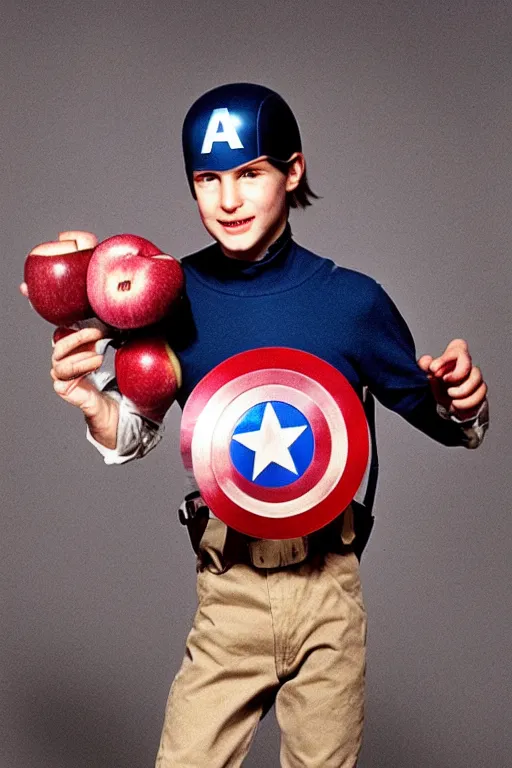 Prompt: Young Steve Jobs as Captain America holding a bitten apple