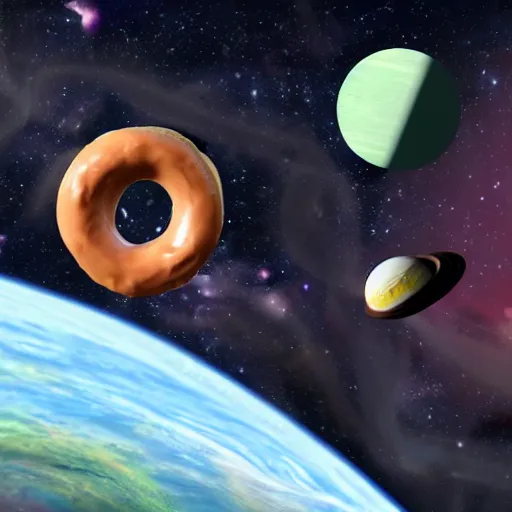 Prompt: humans discovering a lush donut shaped planet in deep space