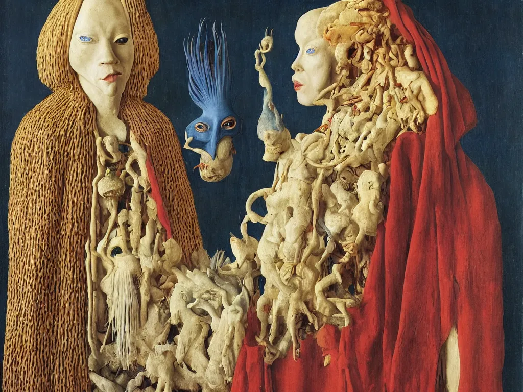 Image similar to portrait of albino mystic with blue eyes, with beautiful exotic, archaic, prehistoric, African mask, sculpture. Painting by Jan van Eyck, Audubon, Rene Magritte, Agnes Pelton, Max Ernst, Walton Ford