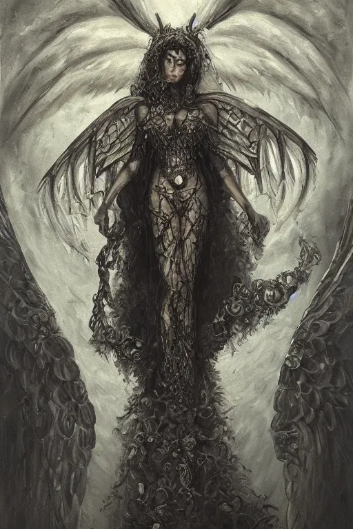 Image similar to portrait of an ominous looming moth angel at a dark shrine, oil on canvas, experimental gothic style, ornate, elegant, detailed, prominent intricate wings, concept art, trending on artstation, javascript enabled