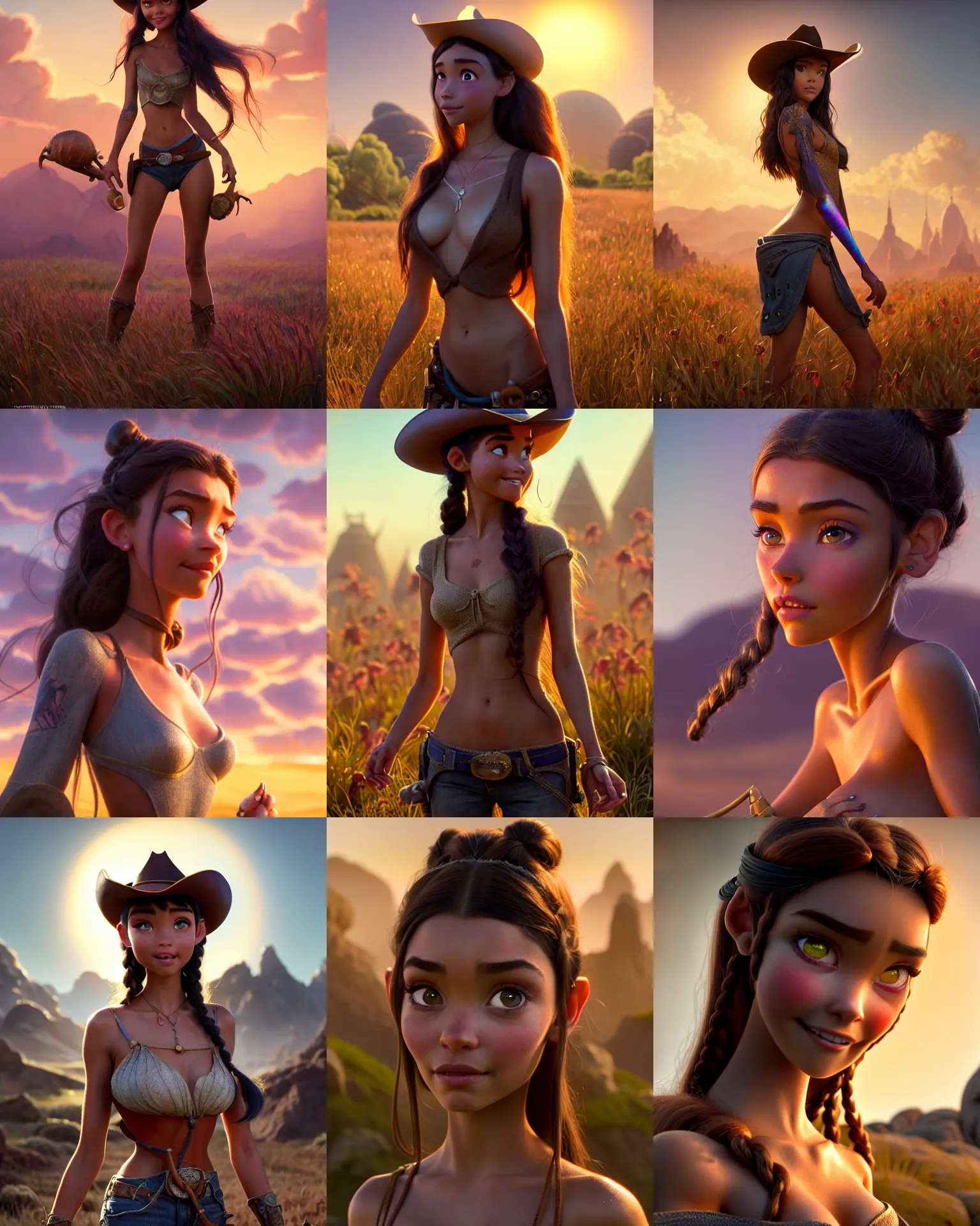 Prompt: weta disney pixar movie still portrait photo of madison beer : : as sunburnt tatoo cowgirl festival woman by pixar : : by weta, greg rutkowski, wlop, ilya kuvshinov, rossdraws, artgerm, marvel, maxim cover, gogo dancer, octane render, sweaty, iridescent, bright morning, anime, liosh, mucha : :