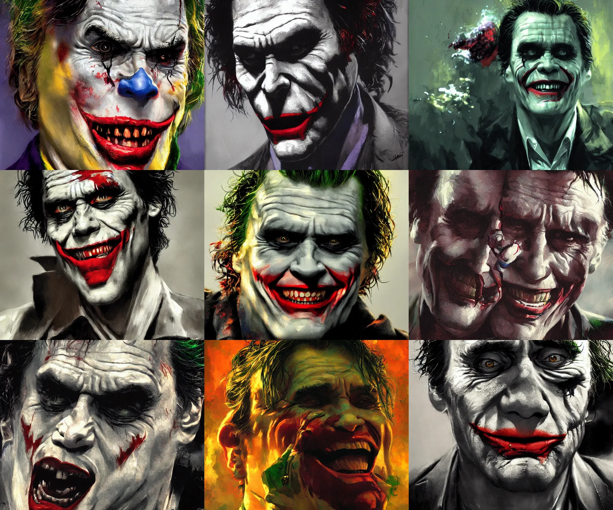 Prompt: jim carrey as the joker painted by craig mullins, dramatic lighting