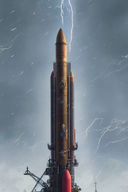 Prompt: a highly detailed matte painting of a soviet steampunk rocket launch in lightning storm and heavy rain by studio ghibli, makoto shinkai, by artgerm, by wlop, by greg rutkowski, volumetric lighting, octane render, 4 k resolution, trending on artstation, masterpiece