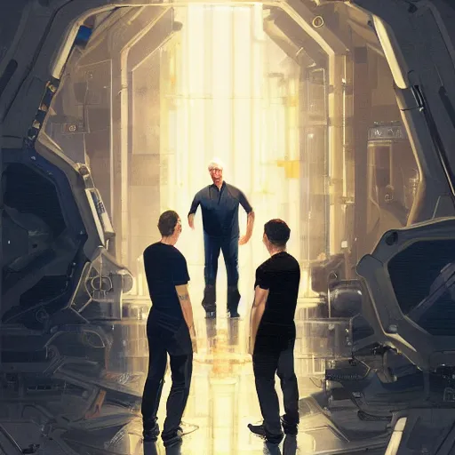 Image similar to portrait of meeting between elon musk, mark zuckerberg, jeff bezos, very detailled, art contest winner on behance, trendy on deviant art, by by artgem, greg rutkowski