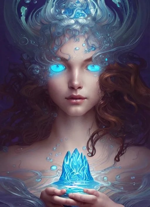 Image similar to a cute water elemental, with hands and hair turning into water, fantasy, intricate, elegant, highly detailed, digital painting, artstation, concept art, wallpaper, smooth, sharp focus, illustration, art by artgerm and greg rutkowski and alphonse mucha