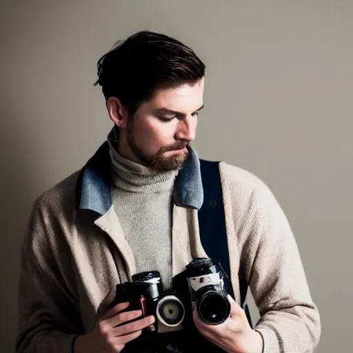 Image similar to stunning commercial self portrait of the photgrapher with his camera, muted colors, beautiful composition, 85mm f1.8