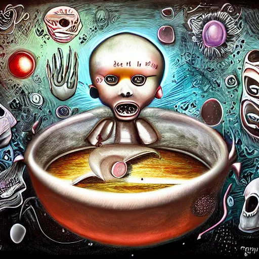 Image similar to boiling imagination in a bowl, super freaky, ultra detailed, digital painting