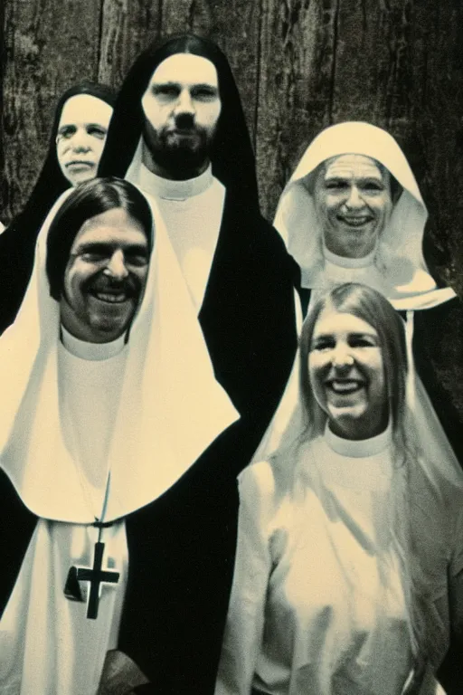 Prompt: 1970s, photo, a polaroid photo, art nouveau, dribble, Aphex Twin and a nun posing for a picture