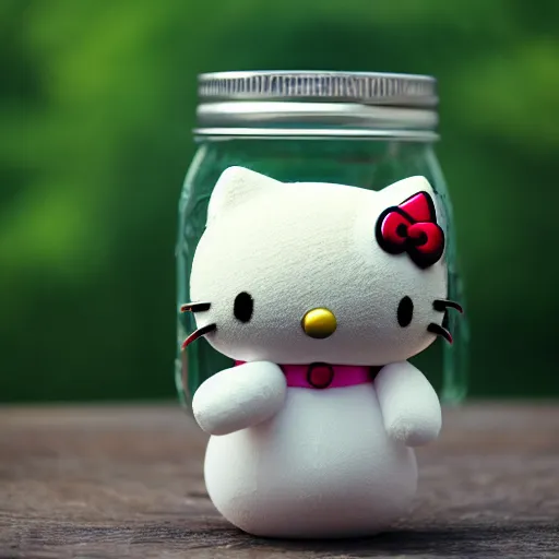 Image similar to hello kitty doll in a mason jar, 4 k, hyper realistic, dslr, high resolution, landscape, beautiful